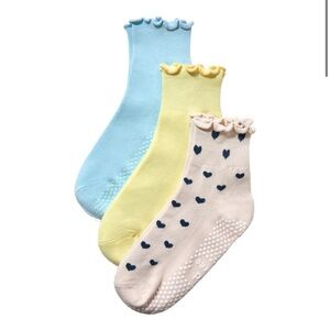 Kids 3-Pack Grip Socks - Blue, Yellow, Cream Heart Print